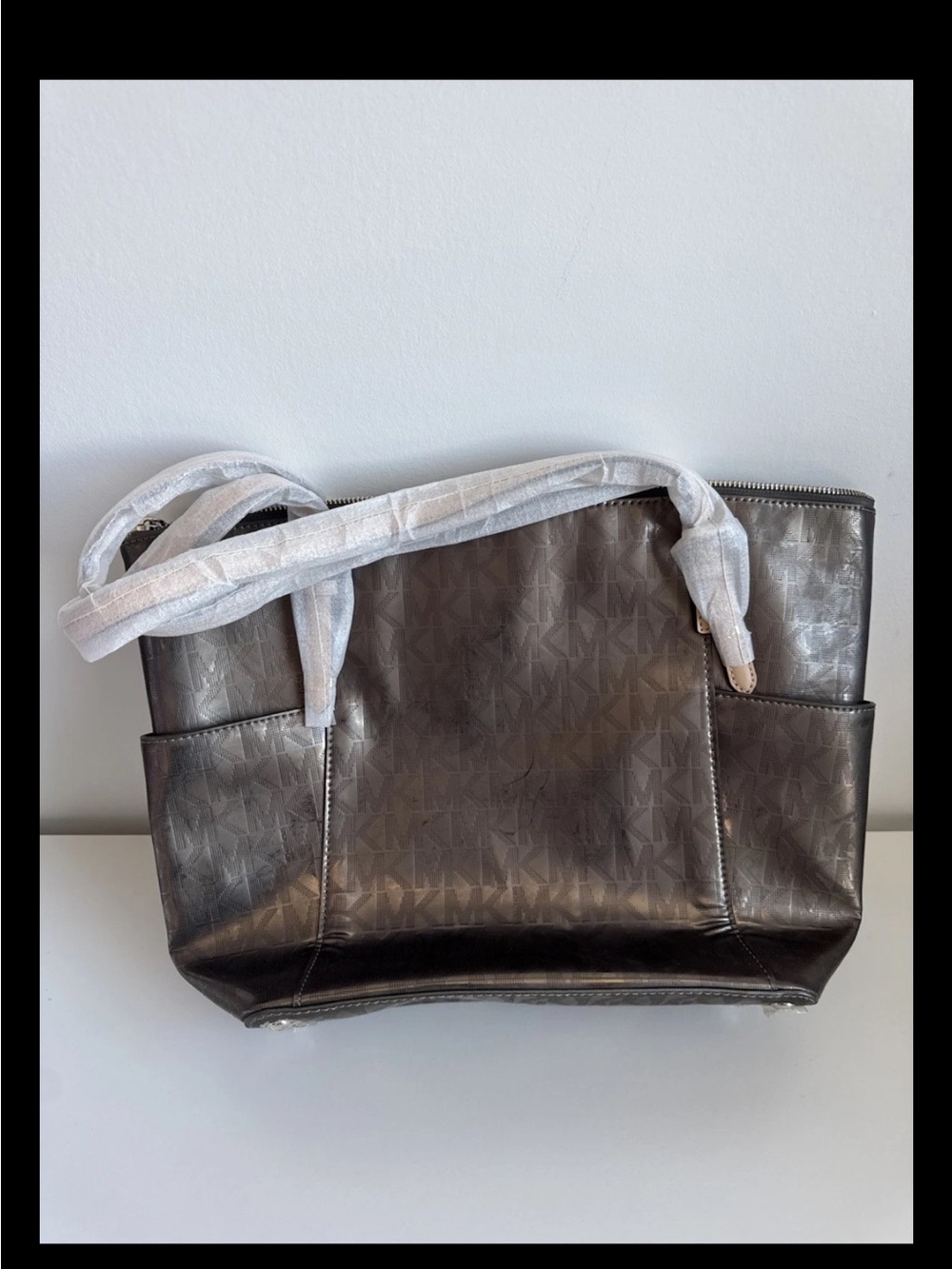 Michael Kors Metallic Nickel Monogram Jet Set Tote Bag NWT Retails $248